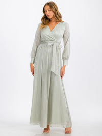 WOMEN'S LONG SLEEVE SURPLICE SELF TIE SHIMMER MAXI DRESS
