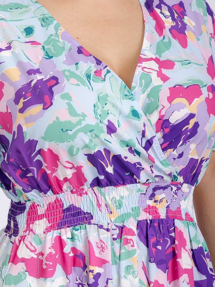 PLUS SIZE SHORT SLEEVE SURPLICE SMOCK WAIST FLORAL MAXI DRESS