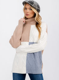 WOMEN'S LONG SLEEVE TURTLE NECK DETAILED COLORBLOCK PULLOVER SWEATER