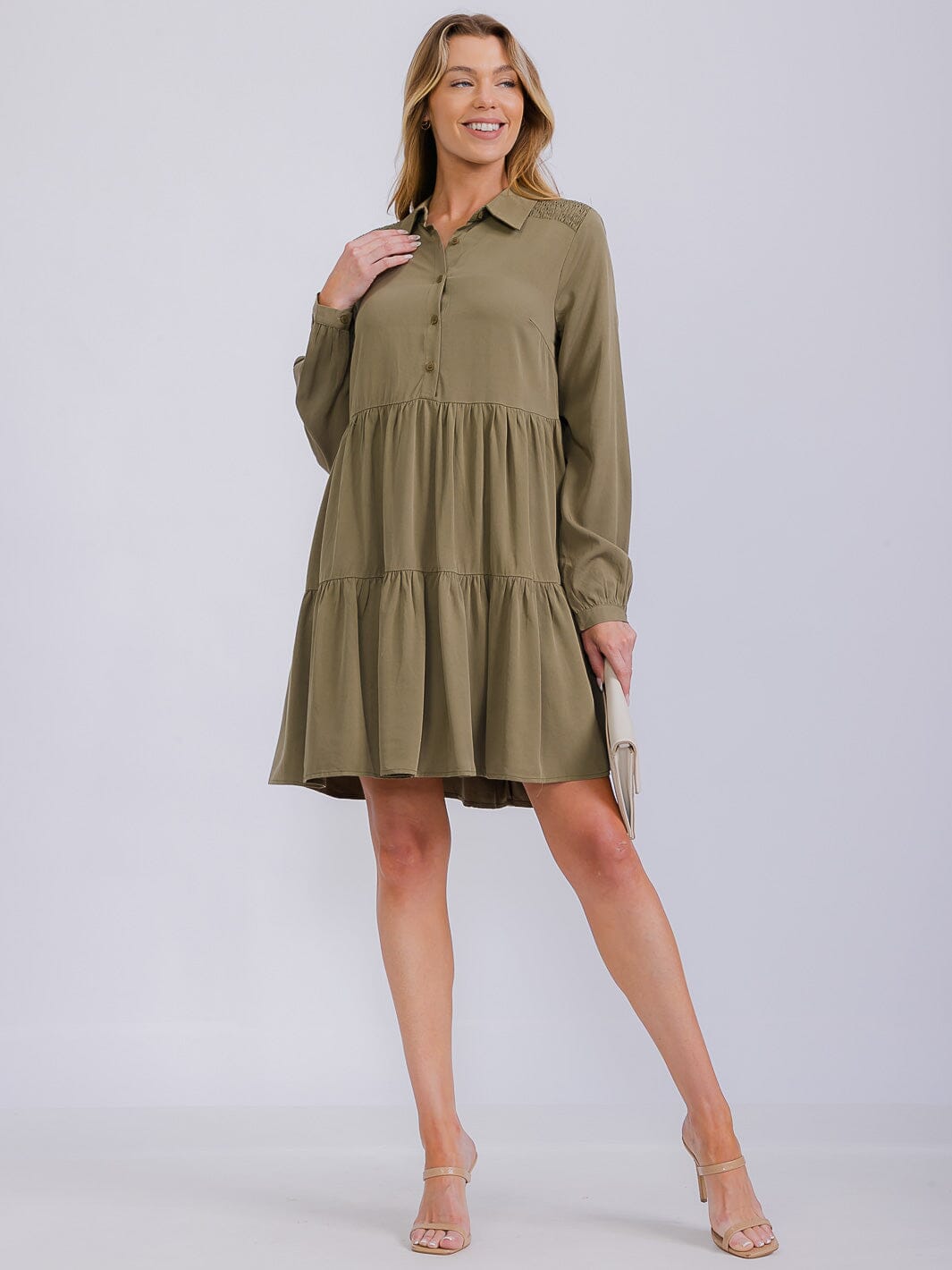 WOMEN'S LONG SLEEVE BUTTON UP TIERED TUNIC MINI DRESS