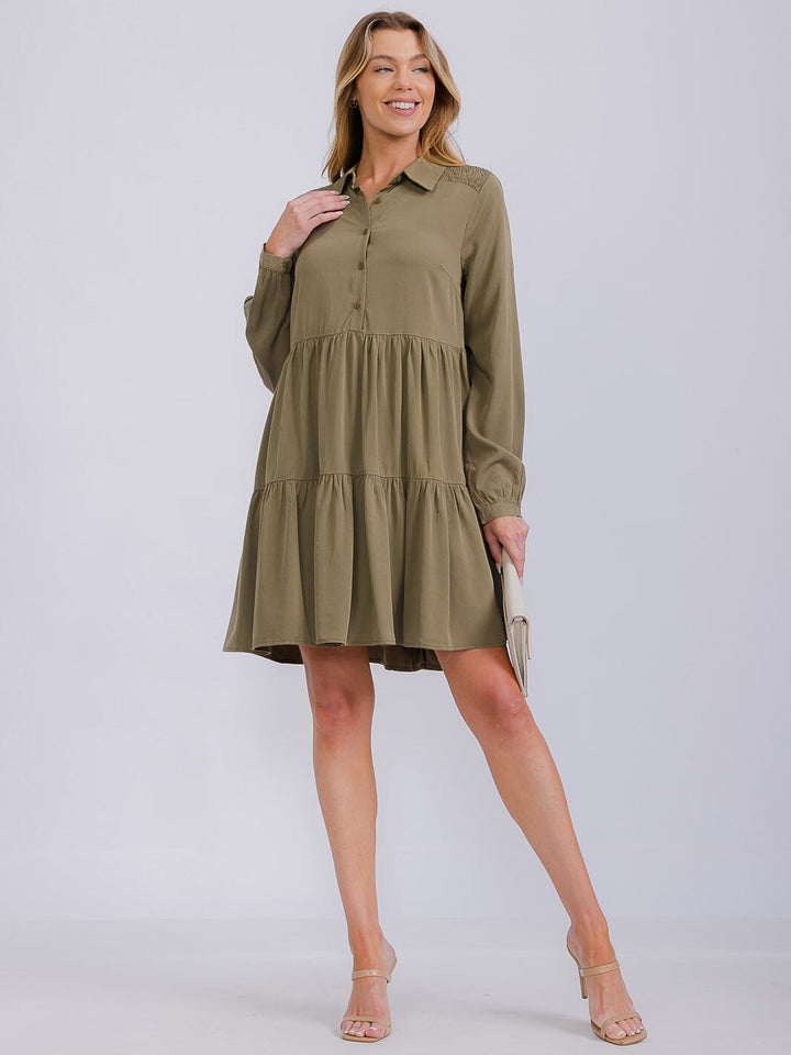 WOMEN'S LONG SLEEVE BUTTON UP TIERED TUNIC MINI DRESS