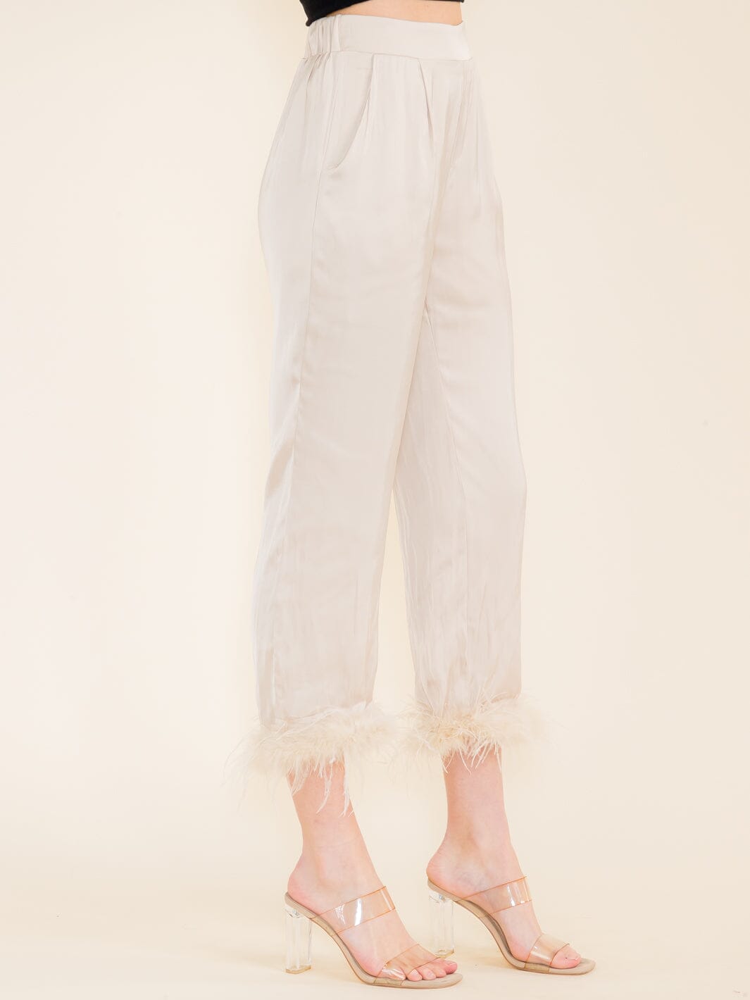 WOMEN'S ELASTIC WAIST FRONT POCKETS FEATHER LEG DETAILED PANTS