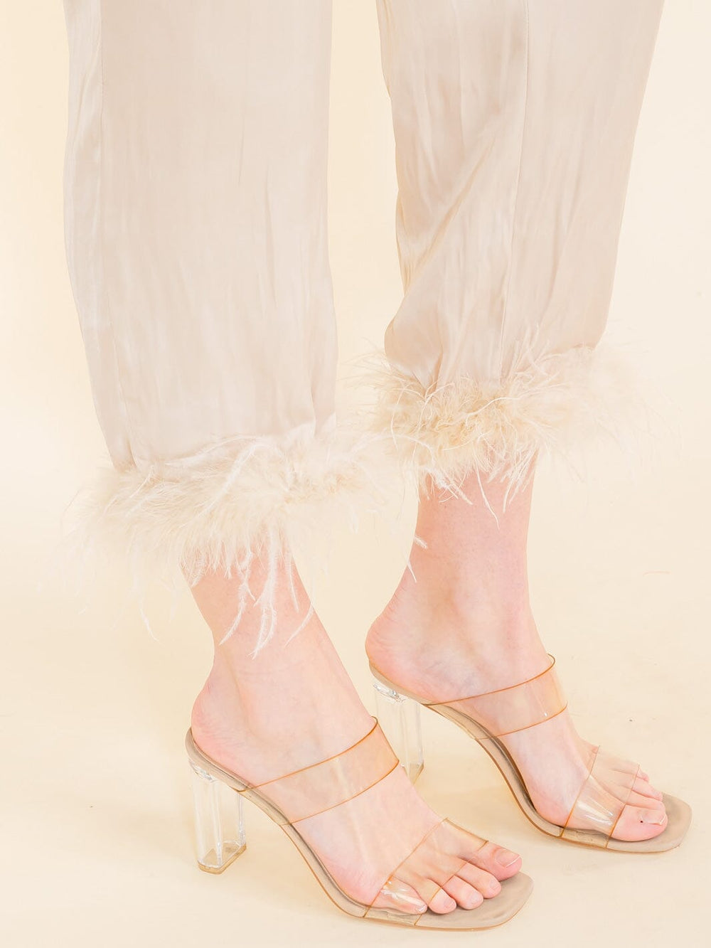 WOMEN'S ELASTIC WAIST FRONT POCKETS FEATHER LEG DETAILED PANTS