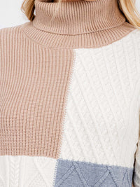 WOMEN'S LONG SLEEVE TURTLE NECK DETAILED COLORBLOCK PULLOVER SWEATER