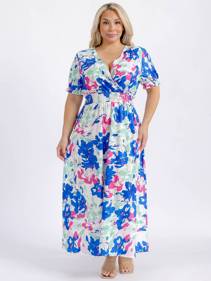 PLUS SIZE SHORT SLEEVE SURPLICE SMOCK WAIST FLORAL MAXI DRESS