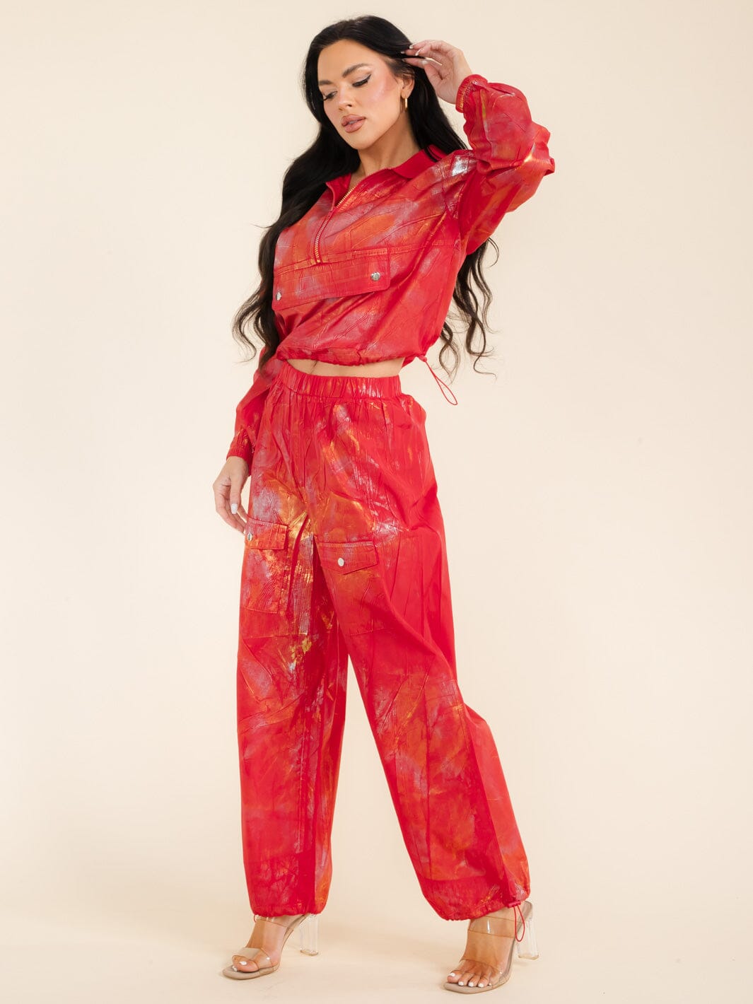 WOMEN'S LONG SLEEVE POCKET TOP & ELASTIC WAIST PANTS SHIMMER 2PC SETS