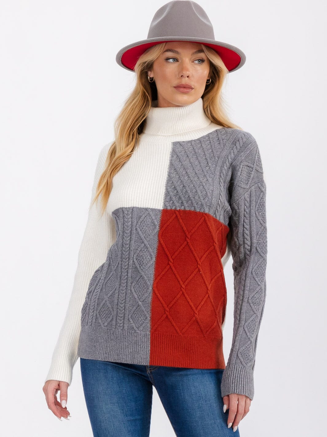 WOMEN'S LONG SLEEVE TURTLE NECK DETAILED COLORBLOCK PULLOVER SWEATER