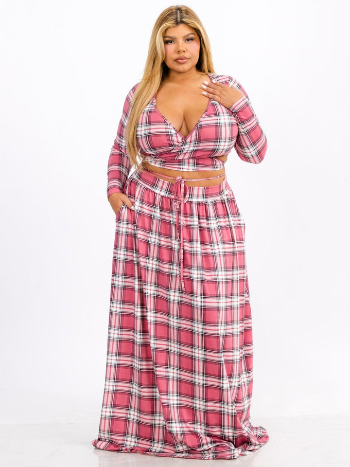 PLUS SIZE LONG SLEEVE WRAP TOP & MAXI SKIRT PLAID 2PC. SET