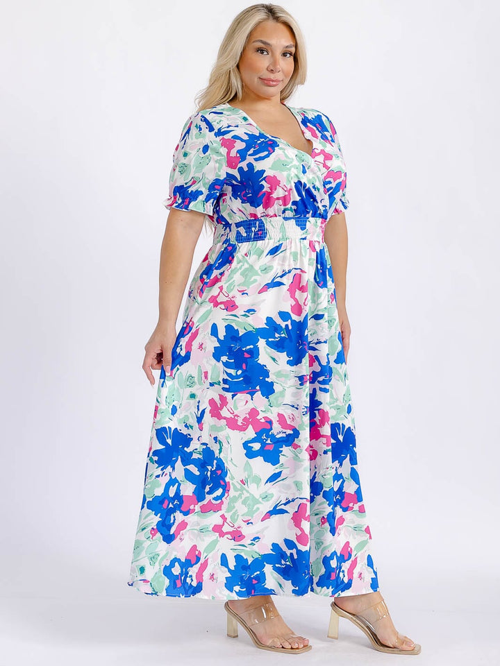 PLUS SIZE SHORT SLEEVE SURPLICE SMOCK WAIST FLORAL MAXI DRESS