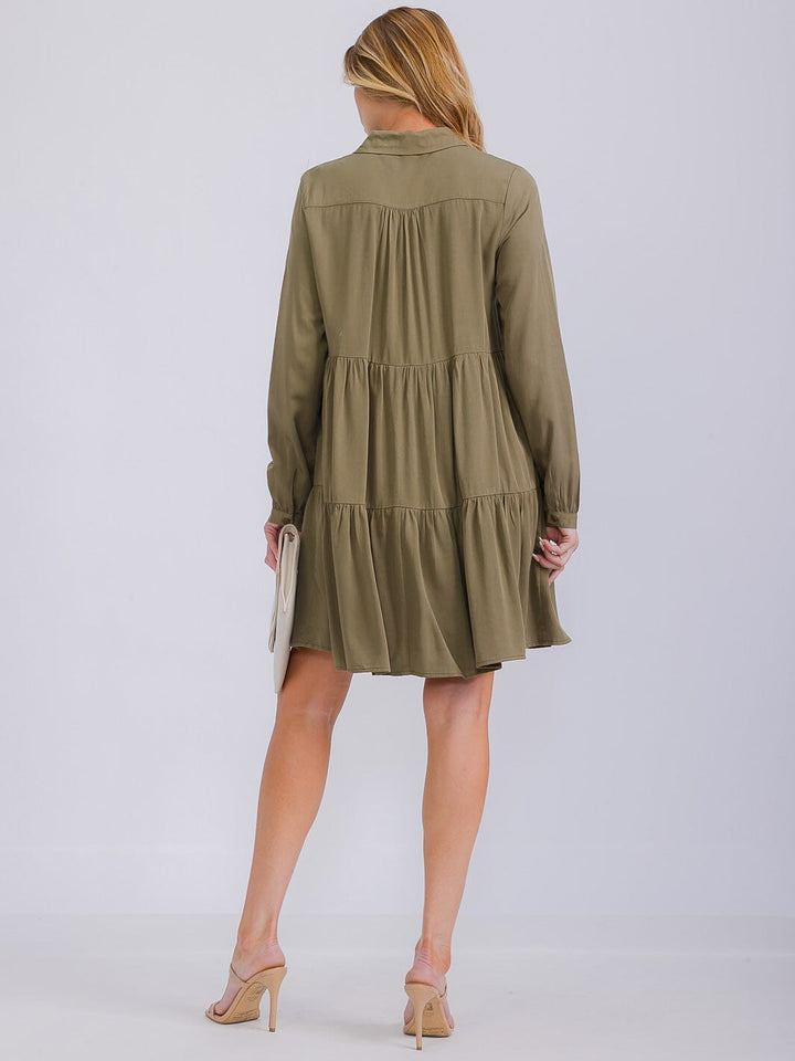 WOMEN'S LONG SLEEVE BUTTON UP TIERED TUNIC MINI DRESS