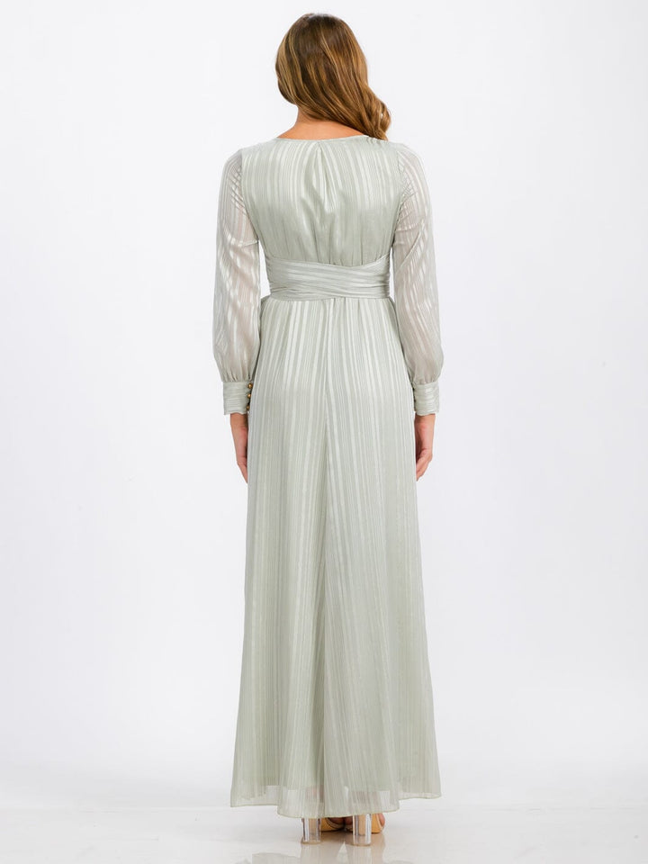 WOMEN'S LONG SLEEVE SURPLICE SELF TIE SHIMMER MAXI DRESS