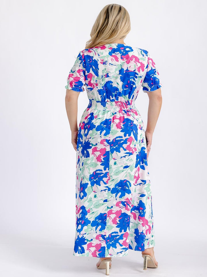 PLUS SIZE SHORT SLEEVE SURPLICE SMOCK WAIST FLORAL MAXI DRESS