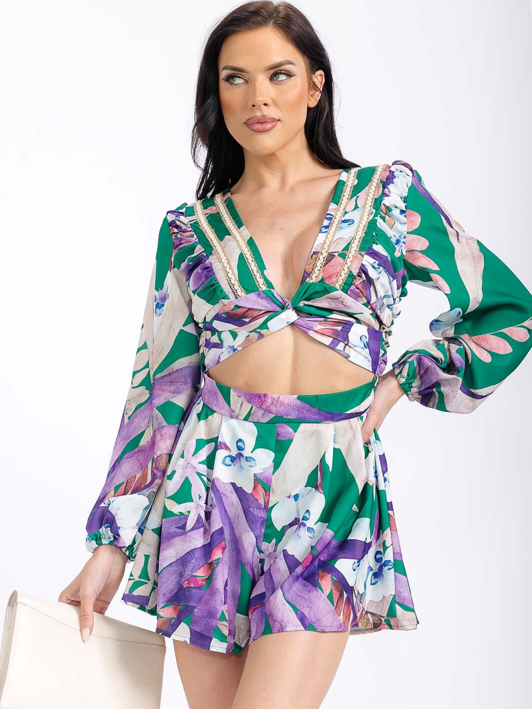 WOMEN'S LONG SLEEVE V-NECK CUT OUT FLORAL ROMPER