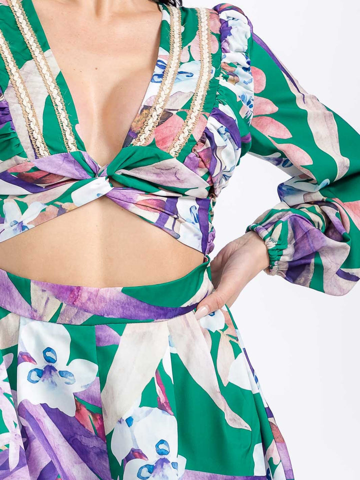 WOMEN'S LONG SLEEVE V-NECK CUT OUT FLORAL ROMPER