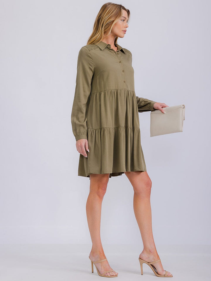 WOMEN'S LONG SLEEVE BUTTON UP TIERED TUNIC MINI DRESS