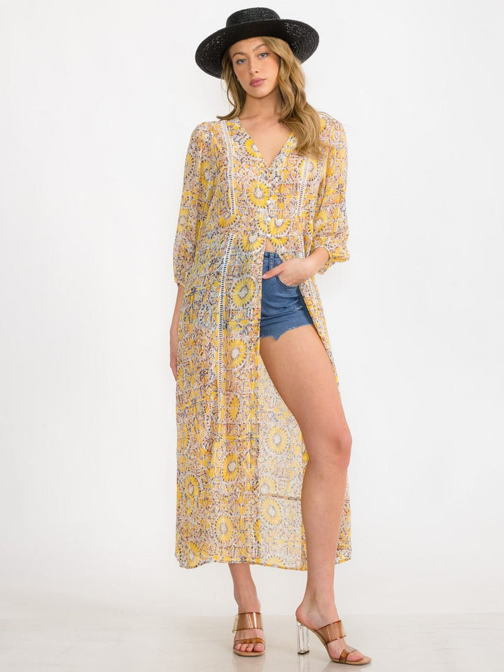 WOMEN'S 3/4 SLEEVE BUTTON UP MULTI PRINT KIMONO