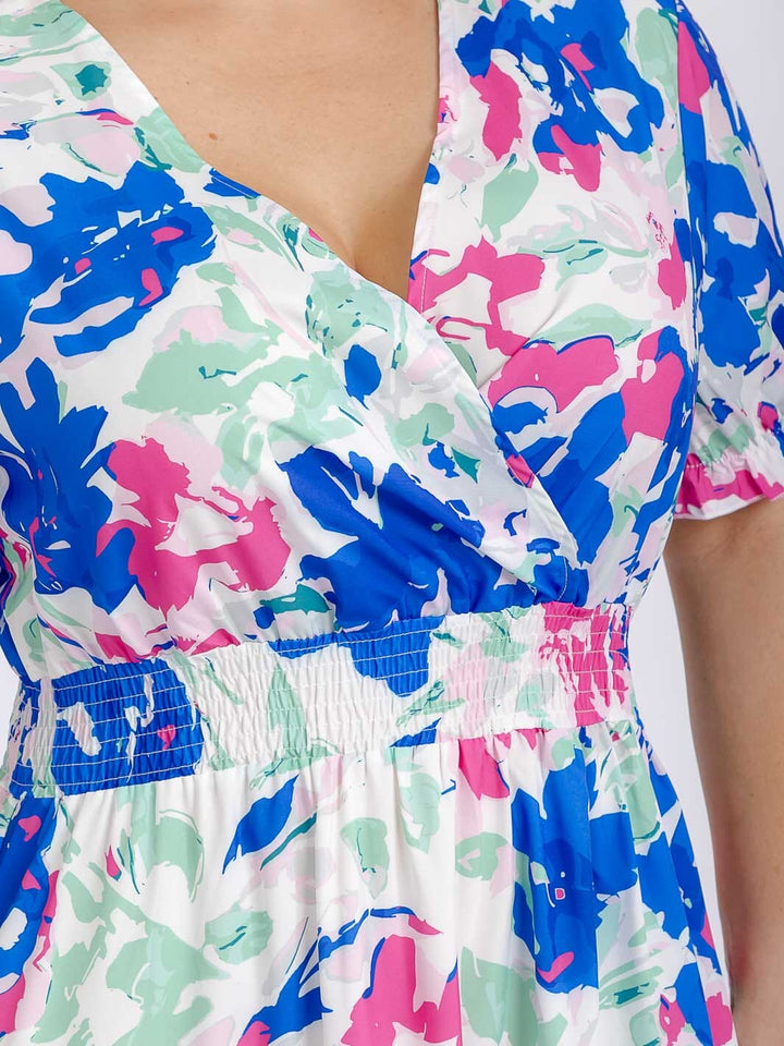 PLUS SIZE SHORT SLEEVE SURPLICE SMOCK WAIST FLORAL MAXI DRESS