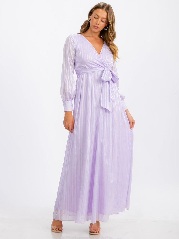 WOMEN'S LONG SLEEVE SURPLICE SELF TIE SHIMMER MAXI DRESS