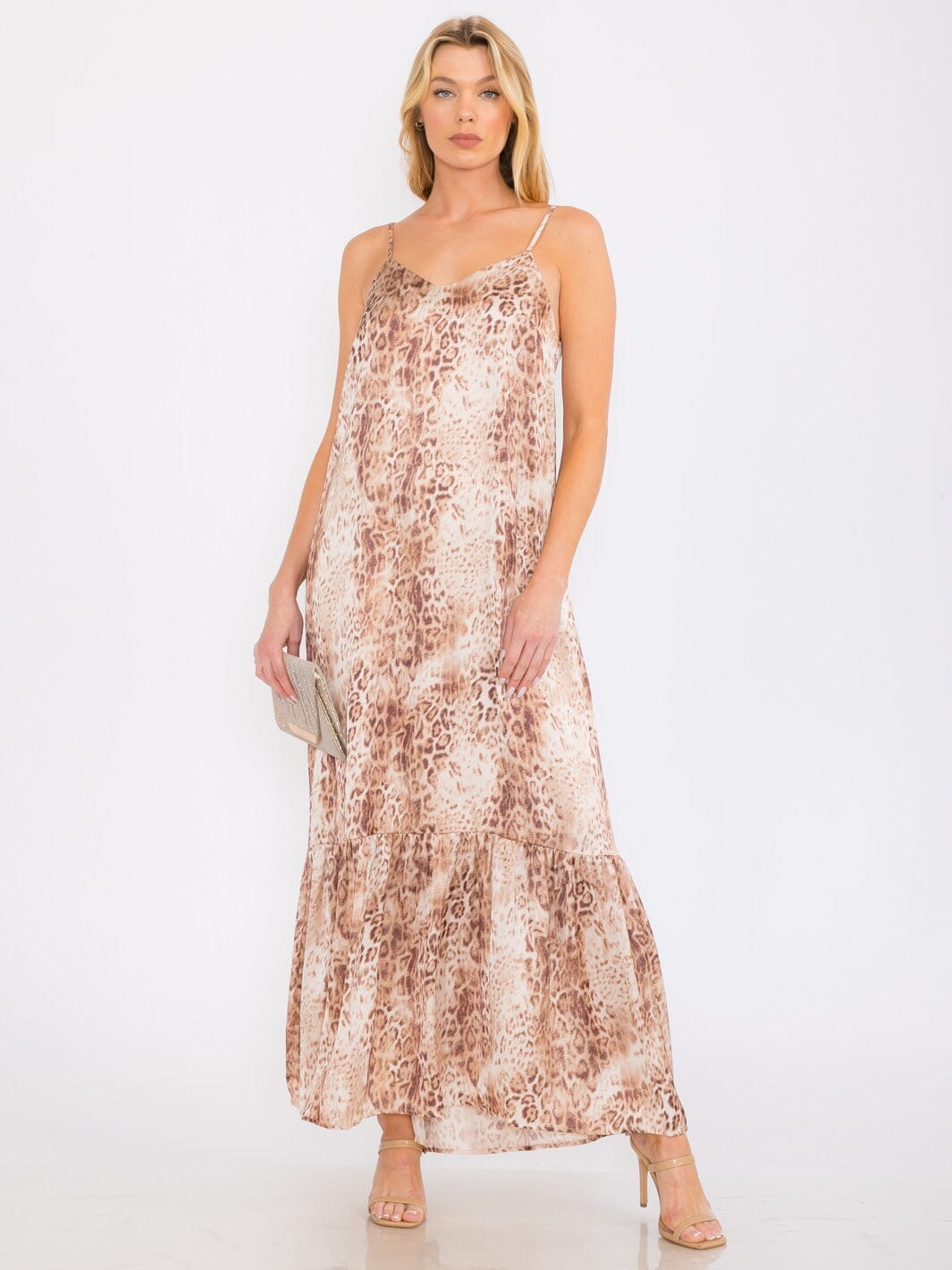 WOMEN'S SLEEVELESS TIERED ANIMAL PRINT MAXI DRESS