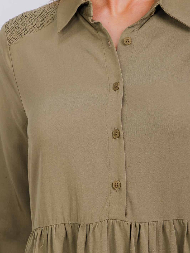 WOMEN'S LONG SLEEVE BUTTON UP TIERED TUNIC MINI DRESS