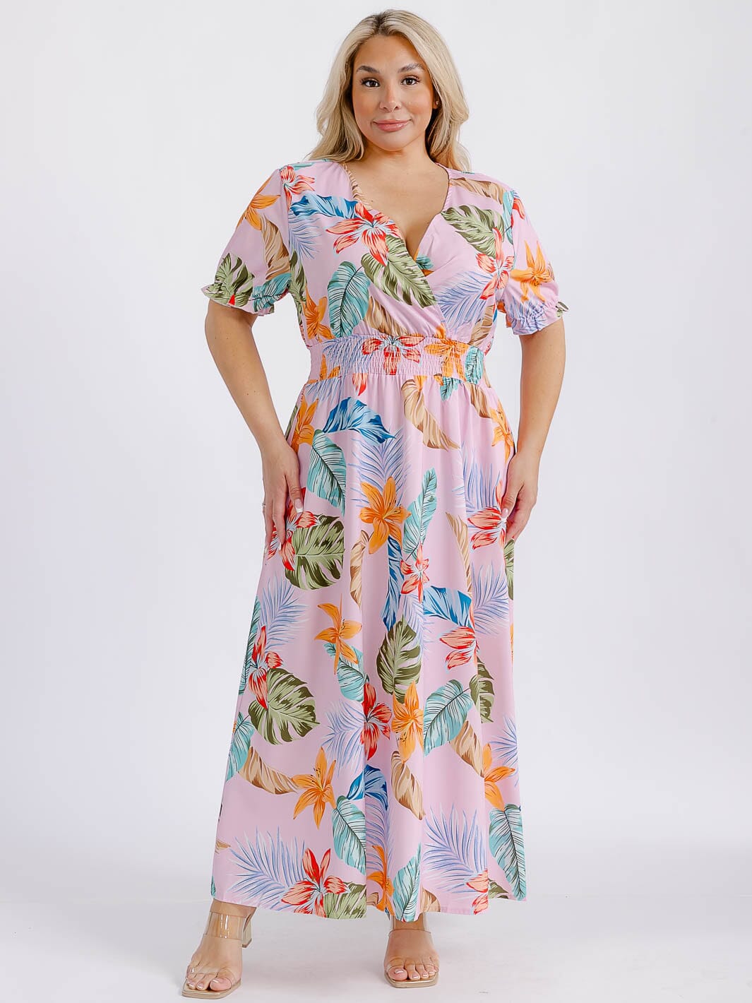PLUS SIZE SHORT SLEEVE SURPLICE SMOCK WAIST FLORAL MAXI DRESS