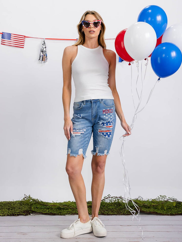WOMEN'S BUTTON CLOSURE POCKETS DISTRESS PATRIOTIC DENIM BIKER SHORTS