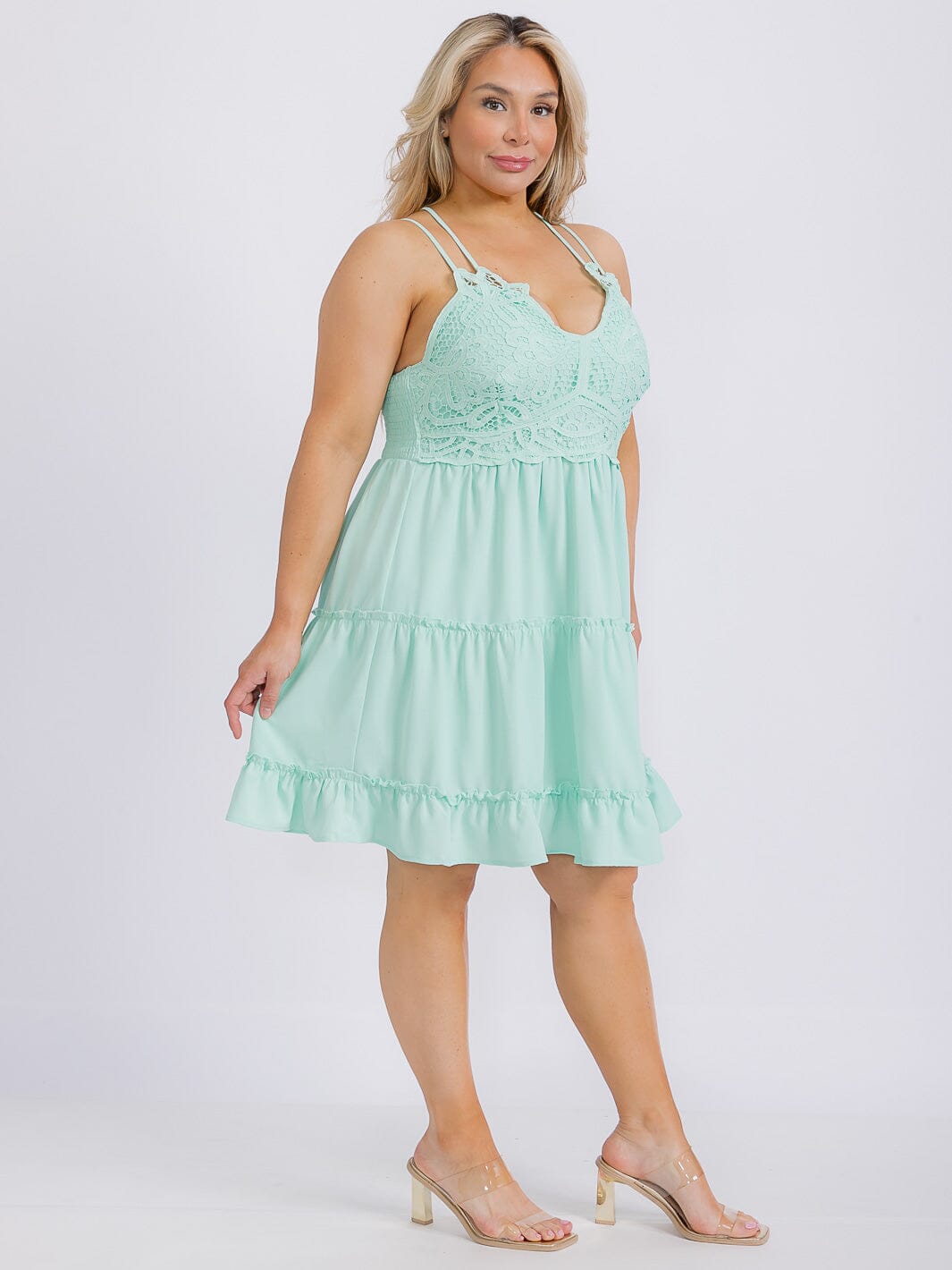 PLUS SIZE SLEEVELESS OPEN BACK LACE FIT & FLARE MINI DRESS