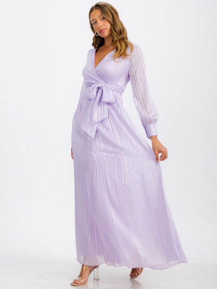 WOMEN'S LONG SLEEVE SURPLICE SELF TIE SHIMMER MAXI DRESS