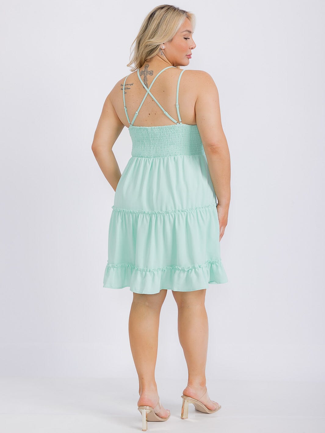 PLUS SIZE SLEEVELESS OPEN BACK LACE FIT & FLARE MINI DRESS