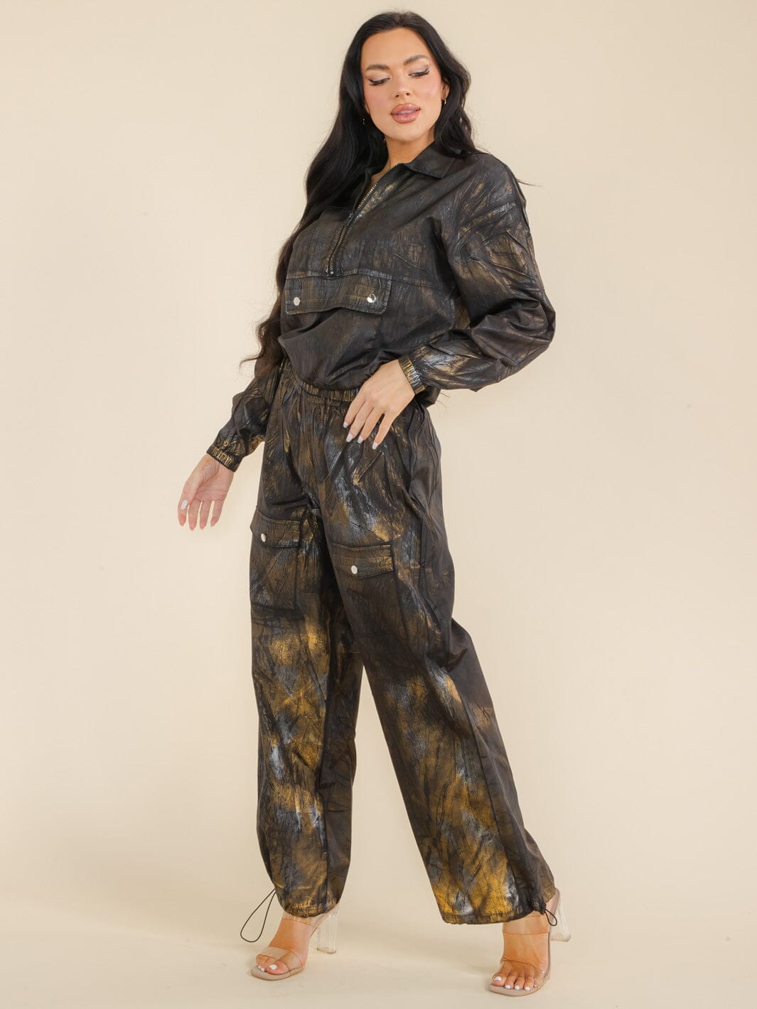 WOMEN'S LONG SLEEVE POCKET TOP & ELASTIC WAIST PANTS SHIMMER 2PC SETS