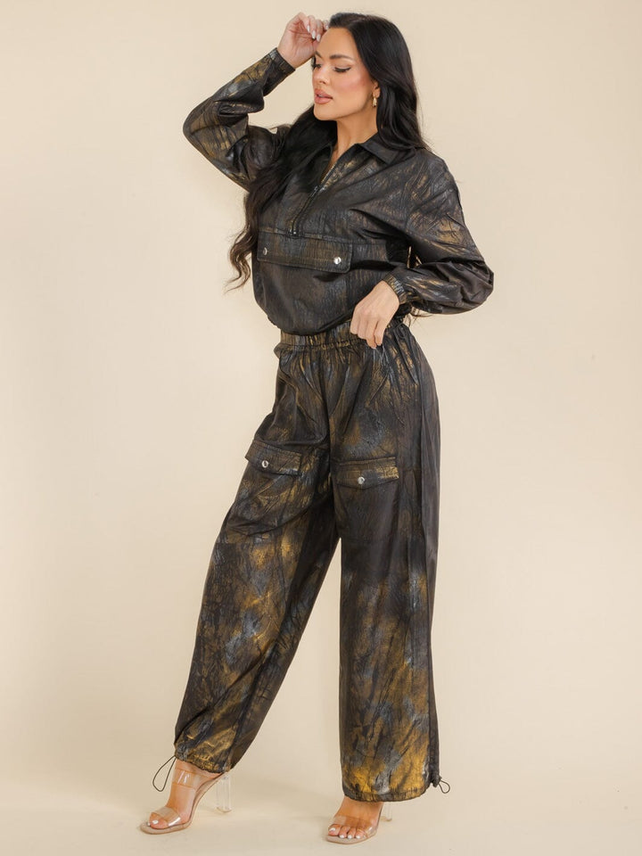 WOMEN'S LONG SLEEVE POCKET TOP & ELASTIC WAIST PANTS SHIMMER 2PC SETS