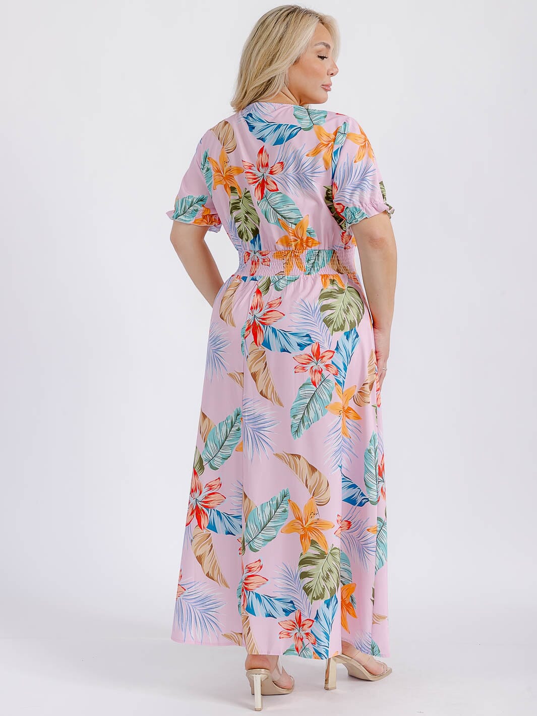 PLUS SIZE SHORT SLEEVE SURPLICE SMOCK WAIST FLORAL MAXI DRESS