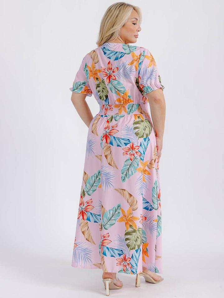 PLUS SIZE SHORT SLEEVE SURPLICE SMOCK WAIST FLORAL MAXI DRESS