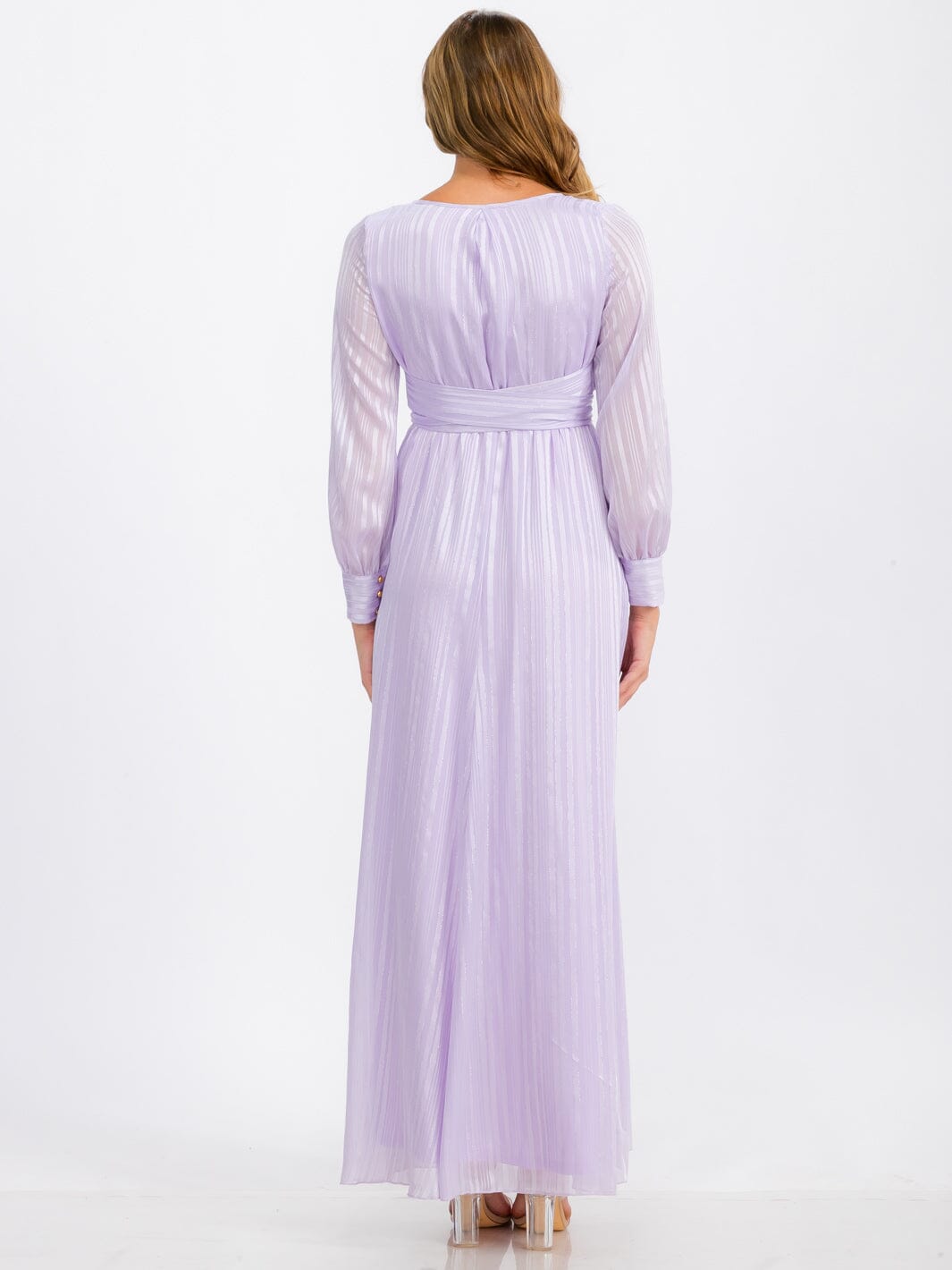 WOMEN'S LONG SLEEVE SURPLICE SELF TIE SHIMMER MAXI DRESS