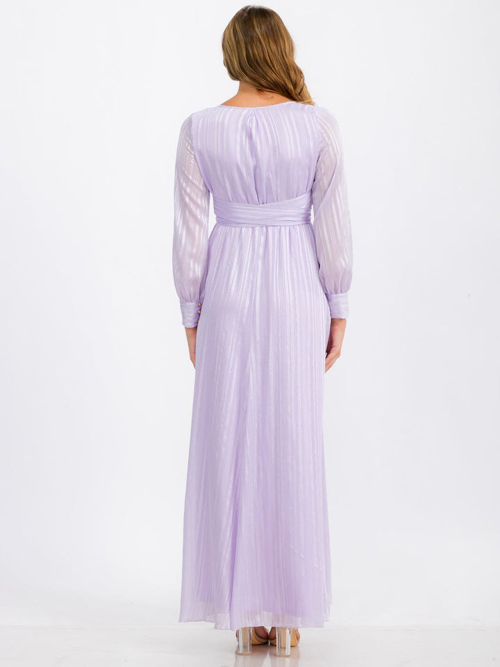 WOMEN'S LONG SLEEVE SURPLICE SELF TIE SHIMMER MAXI DRESS