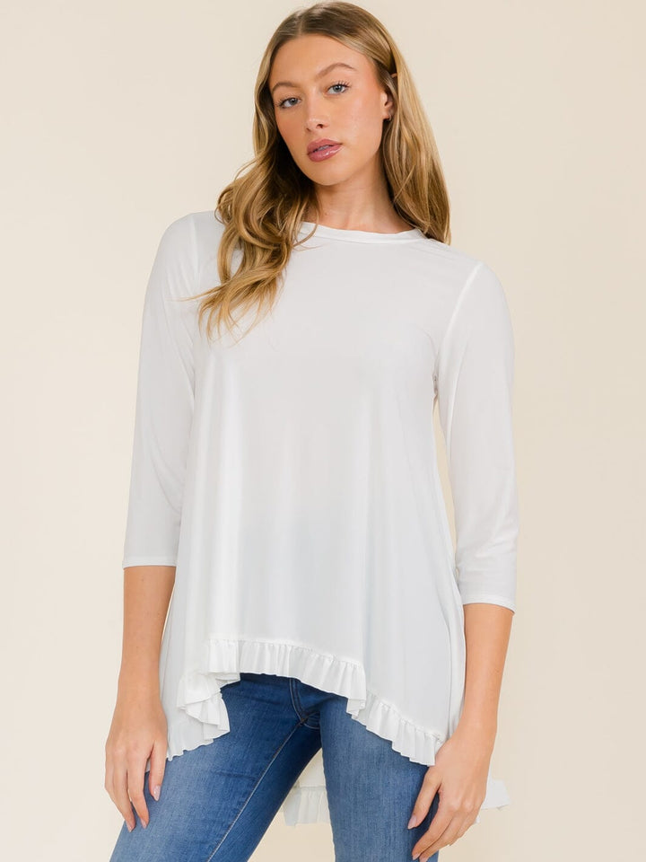 WOMEN'S 3/4 SLEEVES RUFFLE BOTTOM HEM TUNIC HIGH-LOW TOP