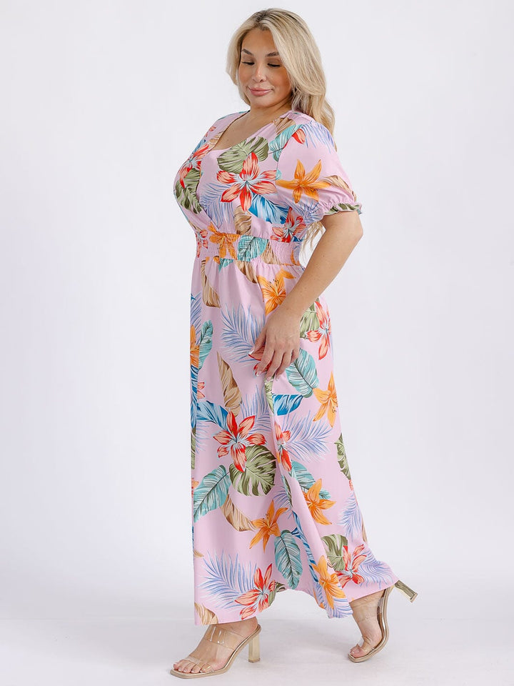 PLUS SIZE SHORT SLEEVE SURPLICE SMOCK WAIST FLORAL MAXI DRESS