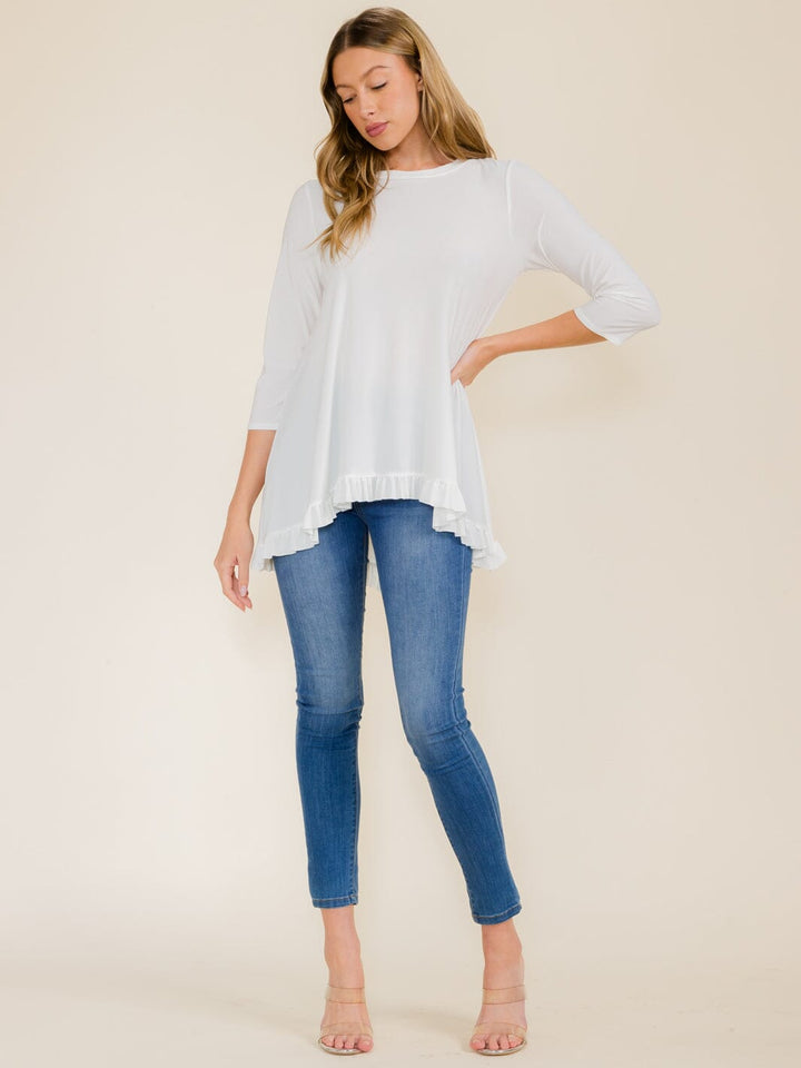 WOMEN'S 3/4 SLEEVES RUFFLE BOTTOM HEM TUNIC HIGH-LOW TOP