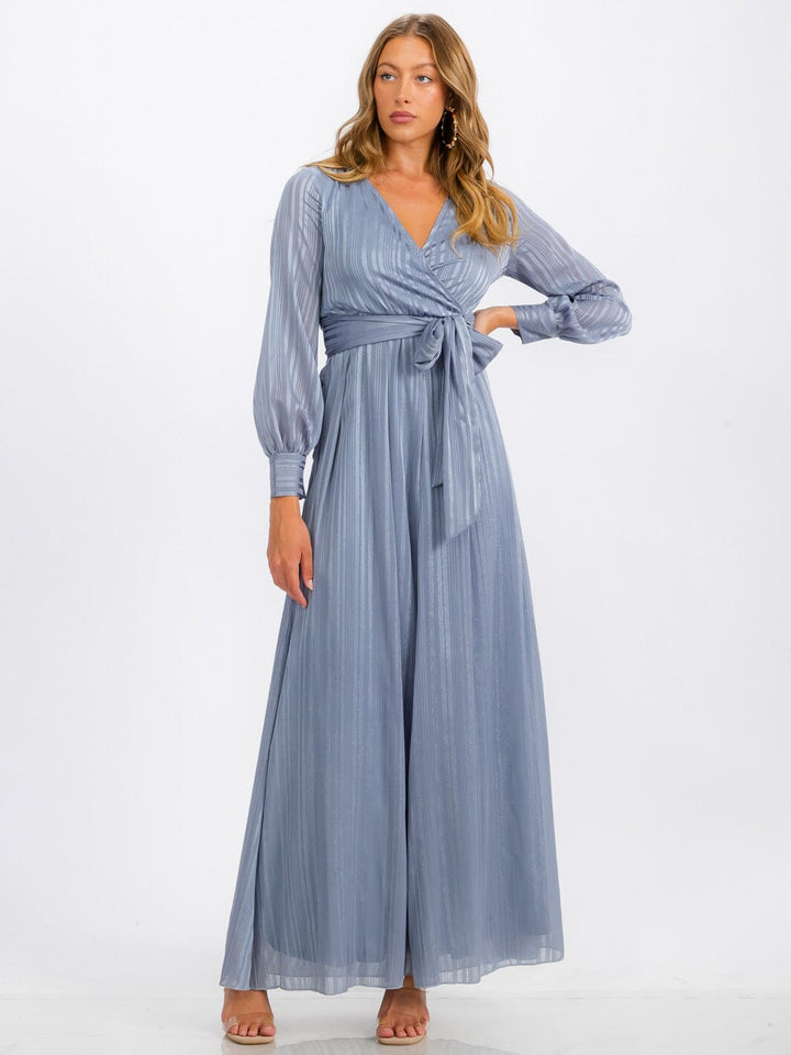 WOMEN'S LONG SLEEVE SURPLICE SELF TIE SHIMMER MAXI DRESS