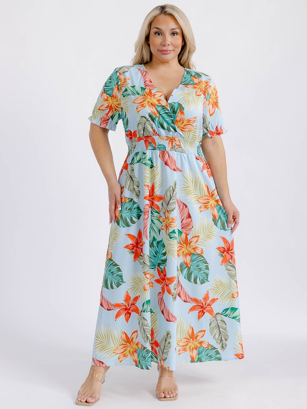 PLUS SIZE SHORT SLEEVE SURPLICE SMOCK WAIST FLORAL MAXI DRESS