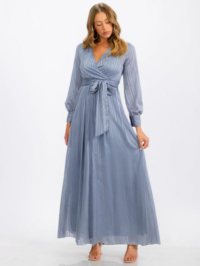 WOMEN'S LONG SLEEVE SURPLICE SELF TIE SHIMMER MAXI DRESS