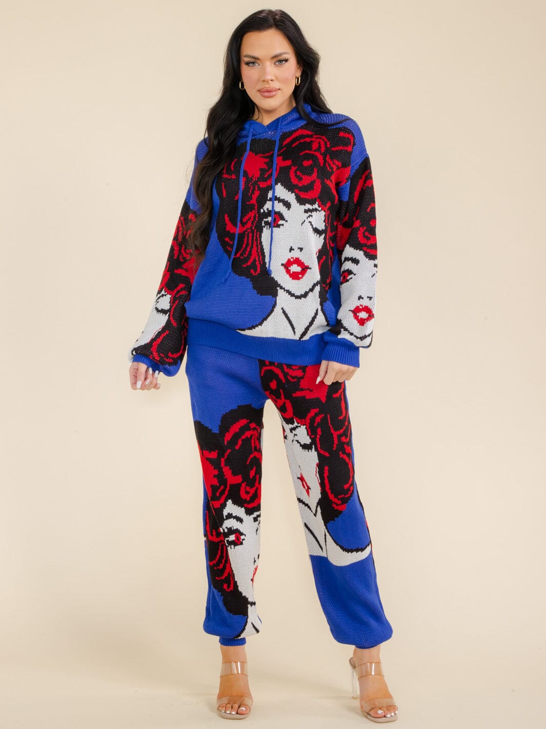 WOMEN'S LONG SLEEVE HOODED TOP & ELASTIC WAIST PANTS GRAPHIC 2PC SETS