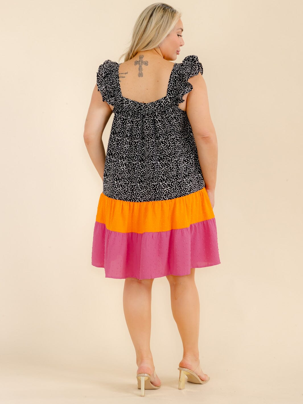 PLUS SIZE SLEEVELESS SQUARE NECK SWISS COLORBLOCK TUNIC MINI DRESS