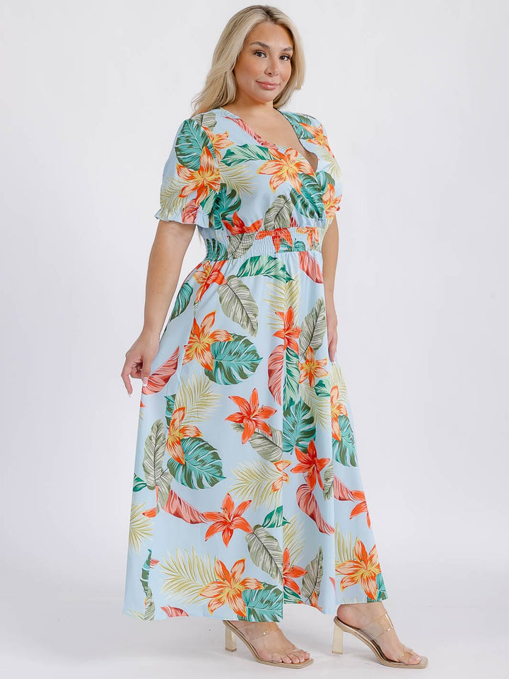 PLUS SIZE SHORT SLEEVE SURPLICE SMOCK WAIST FLORAL MAXI DRESS