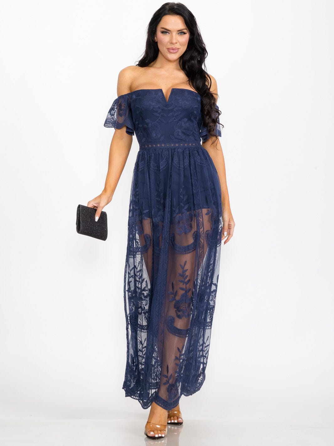 WOMEN'S OFF SHOULDER ALL OVER LACE MAXI DRESS