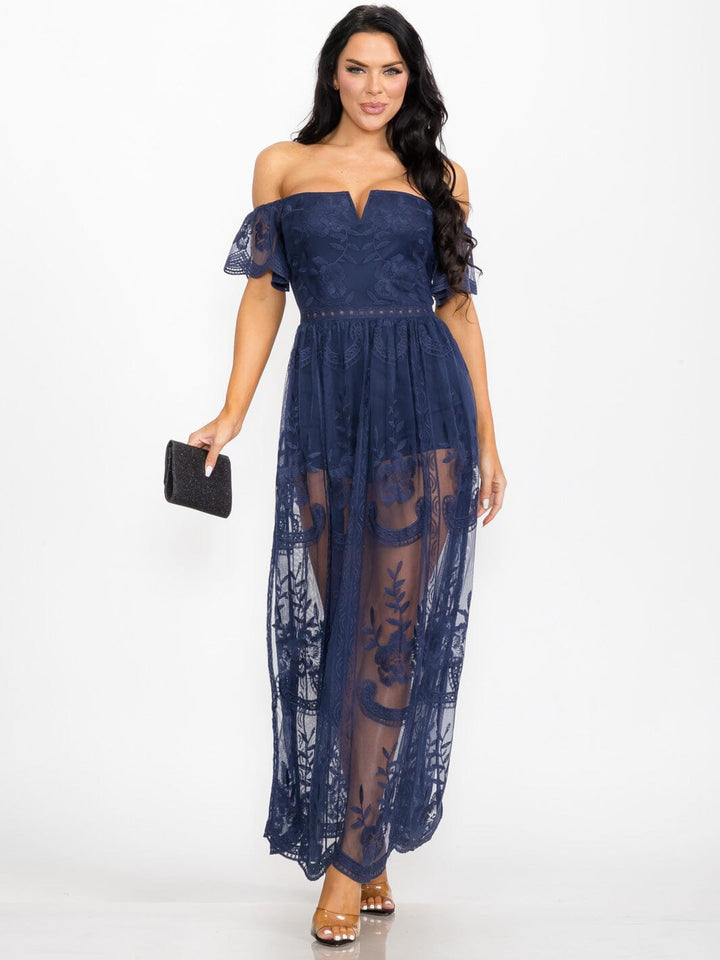WOMEN'S OFF SHOULDER ALL OVER LACE MAXI DRESS