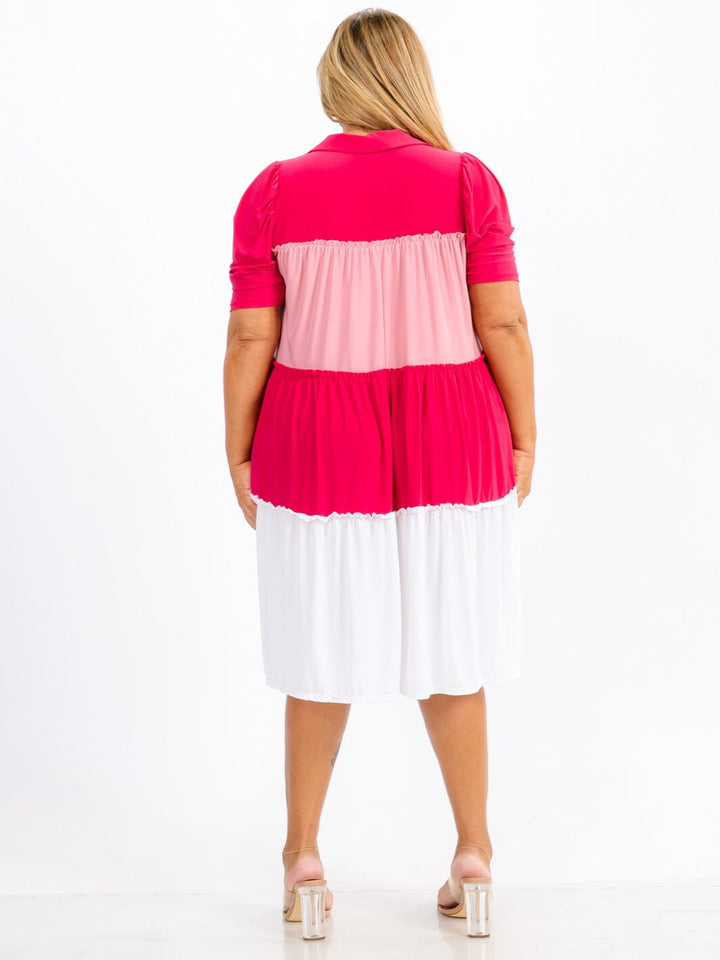 WOMEN'S SHORT SLEEVE V-NECK TIERED COLORBLOCK MIDI DRESS
