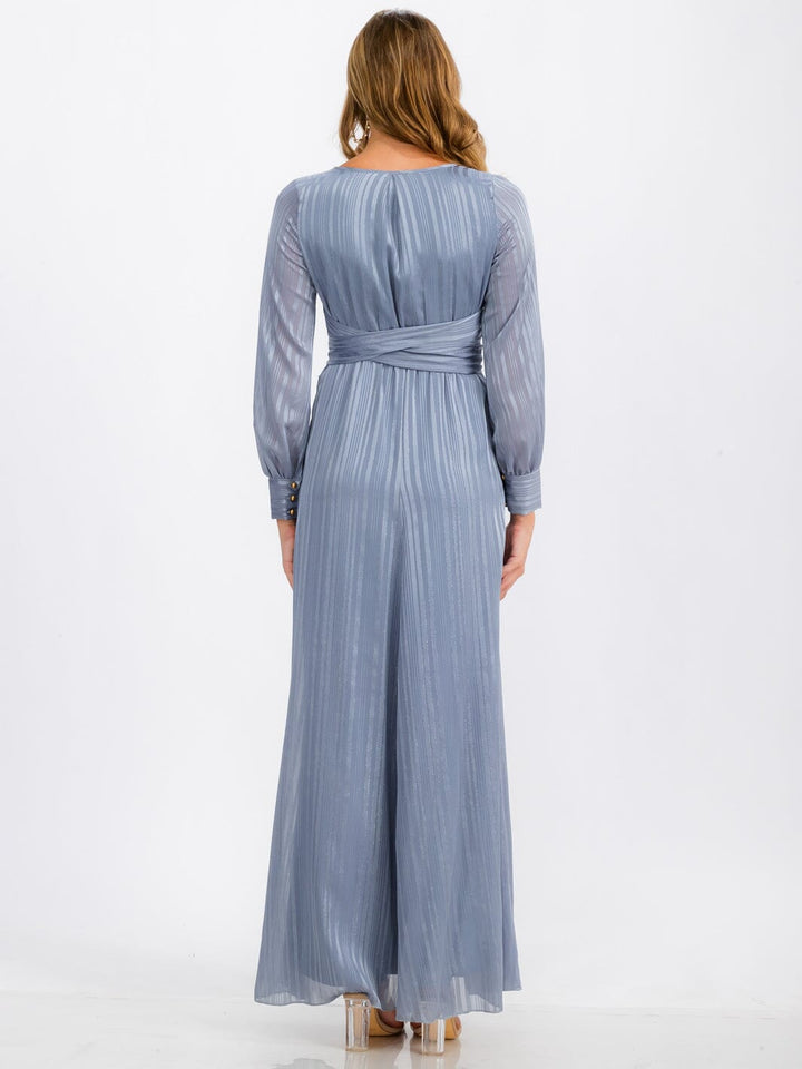 WOMEN'S LONG SLEEVE SURPLICE SELF TIE SHIMMER MAXI DRESS