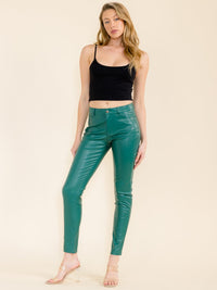 WOMEN'S BUTTON CLOSURE POCKETS PU PLEATHER SKINNY PANTS