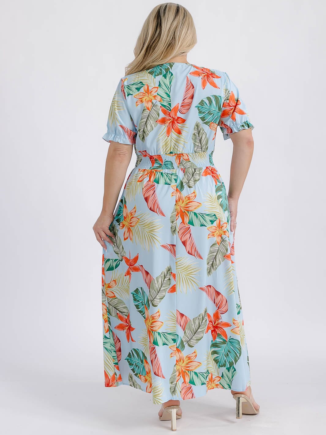 PLUS SIZE SHORT SLEEVE SURPLICE SMOCK WAIST FLORAL MAXI DRESS